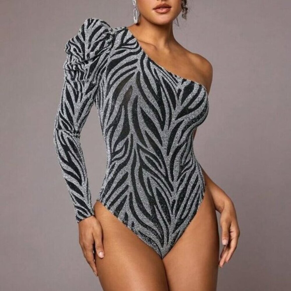 Metallic Zebra Print One-Shoulder Bodysuit With Puff Sleeve Asymmetrical Necklin